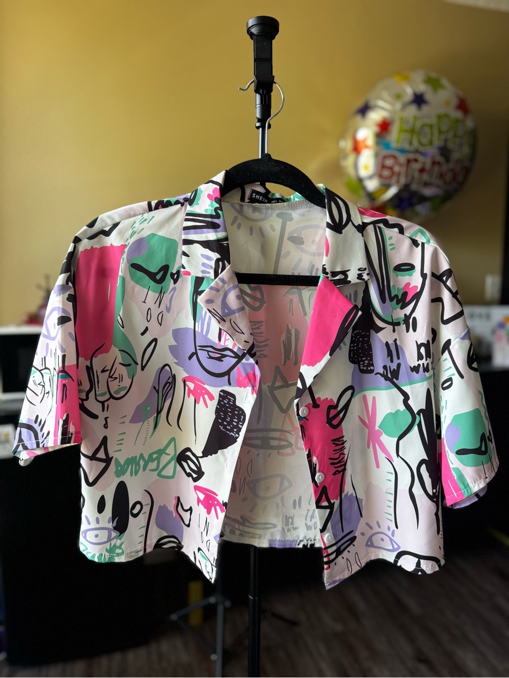 SHEIN White Cropped Button-Down Shirt with Pink, Mint & Lilac Graphic Print